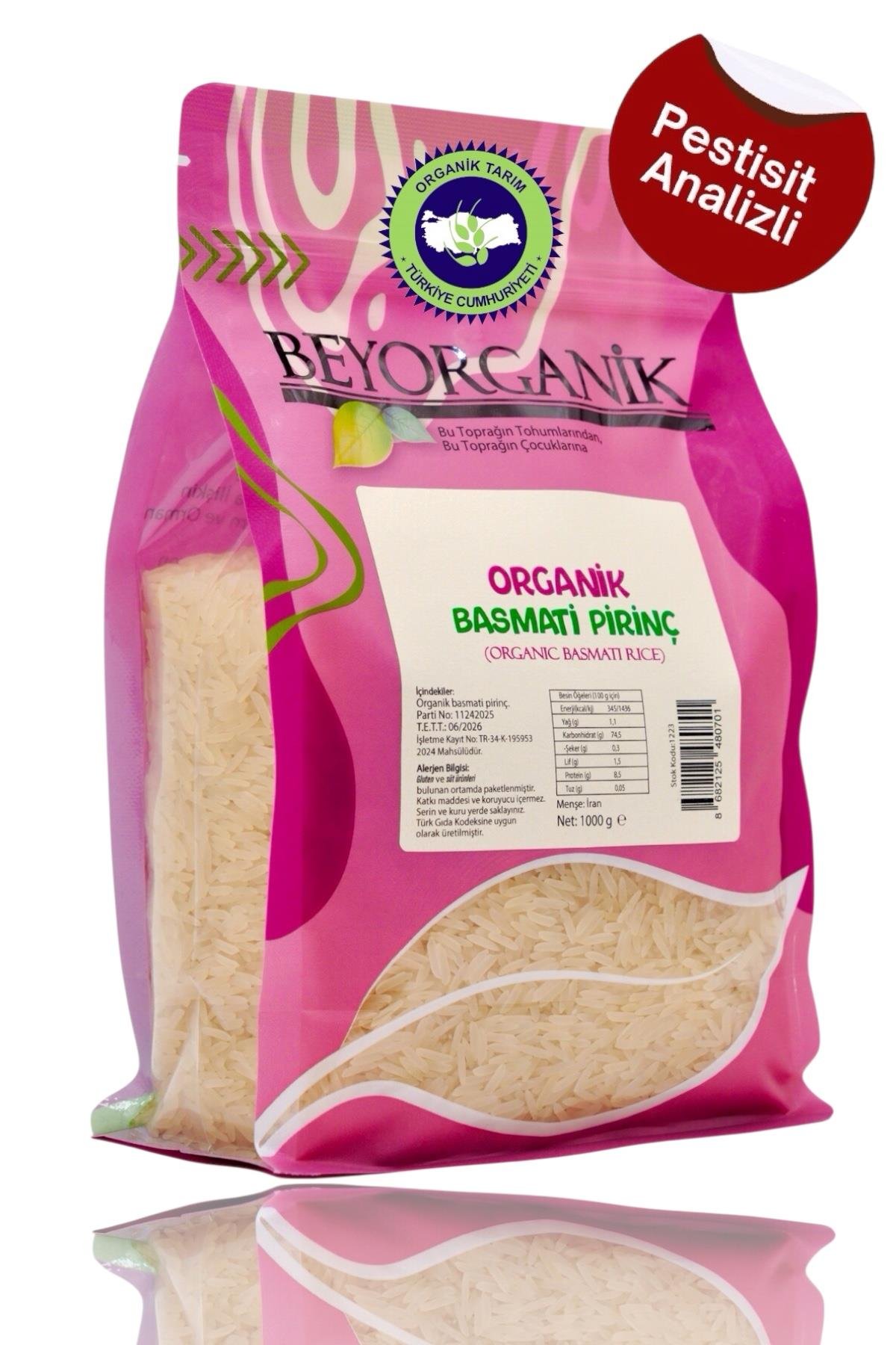 Beyorganik Organik Basmati pirinç 1000 Gr (Pestisit ve Aflatoksin Analizli)